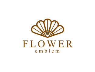 Geometric linear style vector flower logo or emblem isolated on white, sacred geometry floral symbol line drawing emblem, blossoming flower hotel or boutique or jewelry logotype.