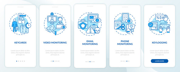 Fototapeta na wymiar Types of employee monitoring blue onboarding mobile app page screen. Work walkthrough 5 steps graphic instructions with concepts. UI, UX, GUI vector template with linear color illustrations