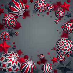 Fototapeta na wymiar Abstract shiny spheres and stars vector background, composition of flying balls decorated with patterns of shiny gold, 3D mixed variety realistic globes with ornaments, with blank copy space.