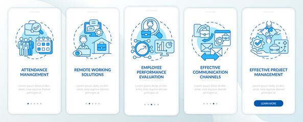 Employee monitoring advantages blue onboarding mobile app page screen. Work tracking walkthrough 5 steps graphic instructions with concepts. UI, UX, GUI vector template with linear color illustrations