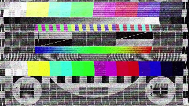 TV test pattern is distorted and noisy. Loss of TV signal. White stripes on a black background.