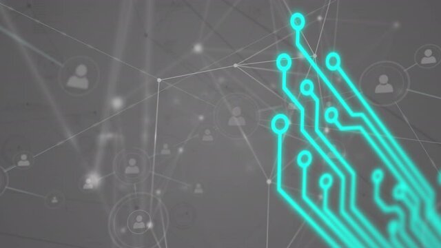 Animation of computer circuit board and network of connections
