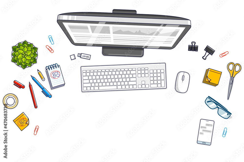 Aufkleber office desk workspace top view with pc computer and diverse stationery objects for work isolated, ov