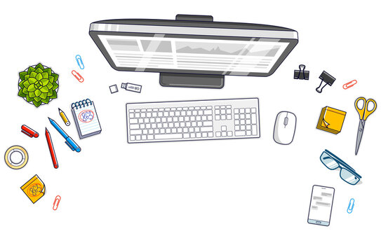 Office desk workspace top view with PC computer and diverse stationery objects for work isolated, overhead look. All elements are easy to use separately or recompose the illustration. Vector.