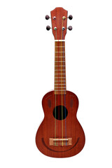 A small wooden ukulele with colorful strings on a white background in the studio