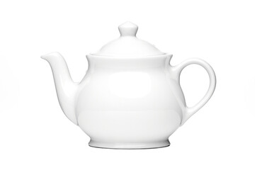 A white porcelain teapot for tea and coffee in the studio against a white background