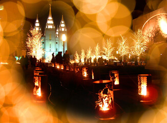 Night Time around Decorations on Temple Square with Christmas Lights