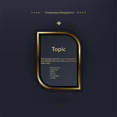 A Vector multipurpose Infographic template with one elements options with premium golden version on a dark background and one golden infochart template with luxury golden icon.eps
