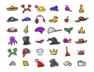 Among us hats. Different hat set for amongus game characters, christmas sport winter santa, cartoon imposter, neat vector design