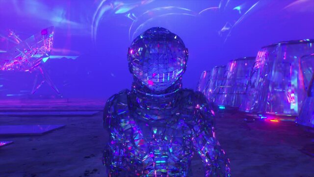 Cosmos concept. A diamond astronaut walks across Mars against the backdrop of a space base. Blue color. 3d animation