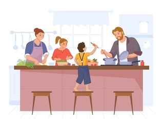 Happy family cooking. Mother, father and kids cook home dinner at kitchen table, culinary hobby, recipe meal, swanky flat vector illustration