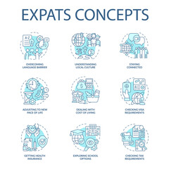 Expats blue concept icons set. Emigration idea thin line color illustrations. Relocate for job and living. Change residence country. New language. Vector isolated outline drawings. Editable stroke