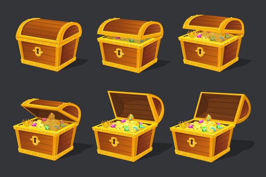 Treasures chest animation. Treasure box animated frames, golden treasurer locker opening, gold money ancient wood case for games neat vector illustration