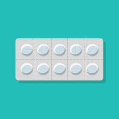 Pack of pills for the treatment of illness and pain. Blister icon with pills. A package of medicines for pills: vitamin, antibiotic, aspirin. Pharmacy and drugs symbols. Vector illustration