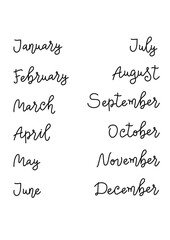 Handwritten decorative calligraphy lettering of months of the year in black isolated on white background for calendar, decoration, planner, diary, notebook, birthday cards, design