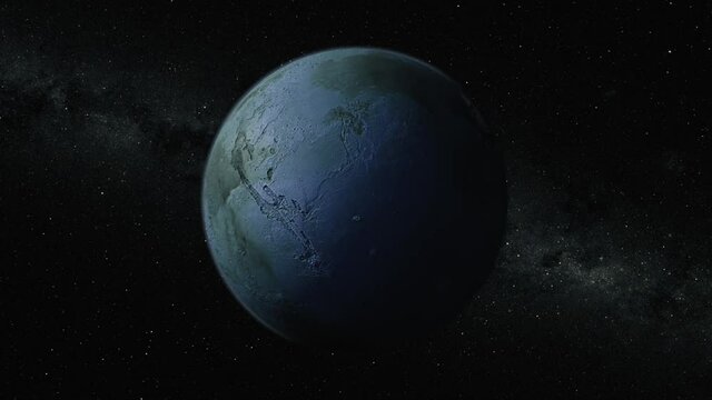 Cosmos concept. Flight over Planet X. Blue planet. Top view of the planet's surface. 3d animation. High quality 4k footage