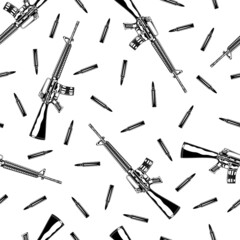 Seamless pattern of vintage monochrome detailed illustration of m 16 assault rifle and ammo. Vector illustration