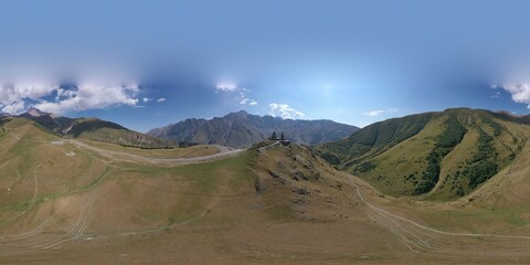360 panorama of Gergeti village from drone, Georgia