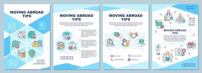 Fototapeta na wymiar Moving abroad tips brochure template. Relocate to foreign country. Flyer, booklet, leaflet print, cover design with linear icons. Vector layouts for presentation, annual reports, advertisement pages