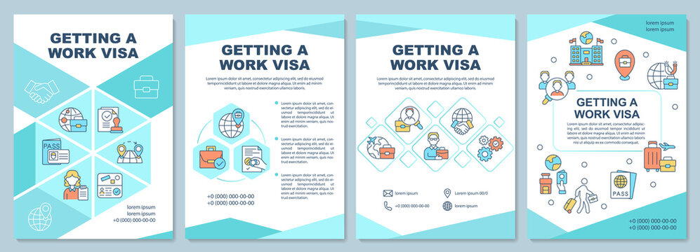 Getting work visa brochure template. Permit for employment abroad. Flyer, booklet, leaflet print, cover design with linear icons. Vector layouts for presentation, annual reports, advertisement pages