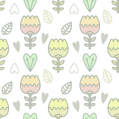 Linear vector pattern with flowers and leaves. Seamless botanical pattern in cartoon style