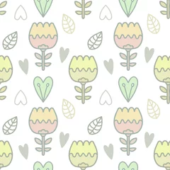 Selbstklebende Fototapeten Linear vector pattern with flowers and leaves. Seamless botanical pattern in cartoon style © Мария Ронина