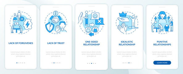 Abusive relationships types onboarding mobile app page screen. Lack of trust walkthrough 5 steps graphic instructions with concepts. UI, UX, GUI vector template with linear color illustrations