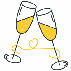 Two glasses with champagne on a white background. Sparkling wine in glass glasses. Valentine's Day February 14th. Lovers. Vector line graphics. Icon, sticker.