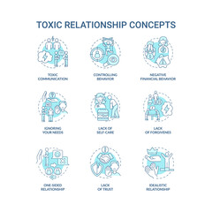 Relationship abuse concept icons set. Manipulative partner. Forgiveness and trust lack. Hostile communication idea thin line color illustrations. Vector isolated outline drawings. Editable stroke