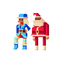 Fototapeta premium Santa Claus and Snow Maiden. Pixel art character. Greeting card or invitation design element. Happy New Year. Sticker design. Isolated vector illustration. 