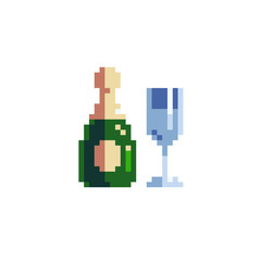 Bottle of champagne and a glass. Web site icon. Video game sprite. Pixel art style. Isolated vector illustration.