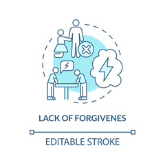 Forgiveness absence concept icon. Abusive relationships. Vindictive partner. Blaming for past failures abstract idea thin line illustration. Vector isolated outline color drawing. Editable stroke