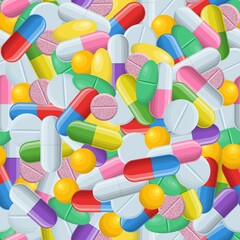 Medical seamless pattern with color pills, tablets and capsules on white. Pharmacology with pharmaceuticals. Medicine background illustration of medicament drugs for design. Vector