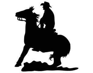Black and white vector flat illustration: Sliding stop, reining western horse and rider silhouette - obrazy, fototapety, plakaty