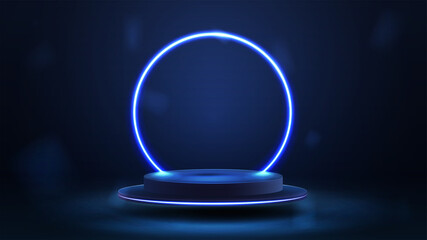 Empty blue podium floating in the air with blue neon ring on background. - obrazy, fototapety, plakaty