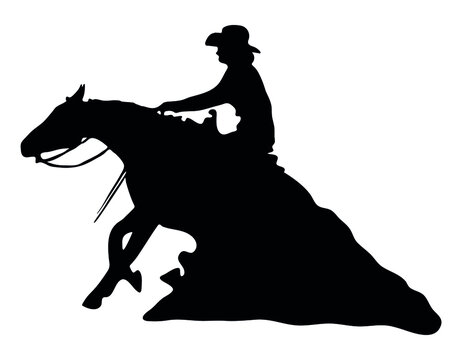 Black and white vector flat illustration: Sliding stop, reining western horse and rider silhouette