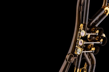 A rotary type trumpet with a curved leadpipe in matte brown with gold elements and pearl type...