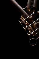 A rotary type trumpet with a curved leadpipe in matte brown with gold elements on a black background