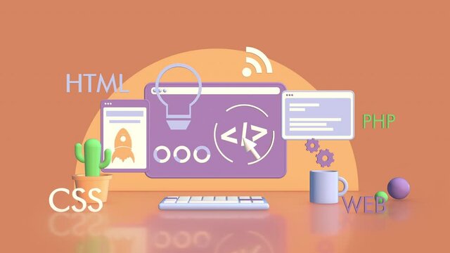 desktop computer with keywords and symbols about web development, pastel colours (3d render)