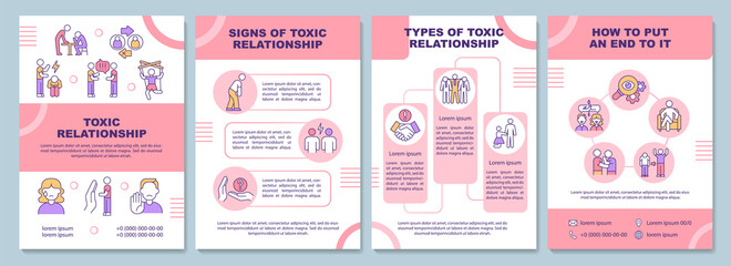 Fototapeta na wymiar Toxic relationships brochure template. Abusive partner signs. Flyer, booklet, leaflet print, cover design with linear icons. Vector layouts for presentation, annual reports, advertisement pages