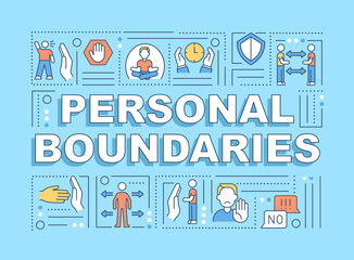 Fototapeta premium Personal boundaries word concepts banner. Set relationships rules. Infographics with linear icons on blue background. Isolated creative typography. Vector outline color illustration with text