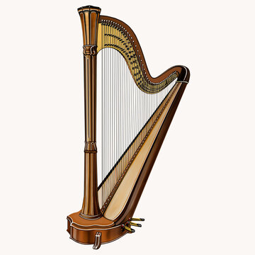 Harp, stringed plucked musical instrument