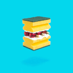 From a yellow dishwashing sponge and red Christmas decorations, made a hamburger. Blue background of a creative idea. Fast food.