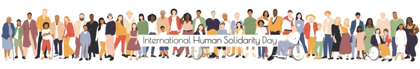 International Human Solidarity Day banner. People of different ethnicities stand side by side together. Flat vector illustration.	