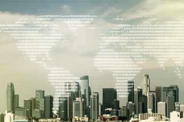 Double exposure of abstract digital world map on Los Angeles city skyscrapers background, research and strategy concept