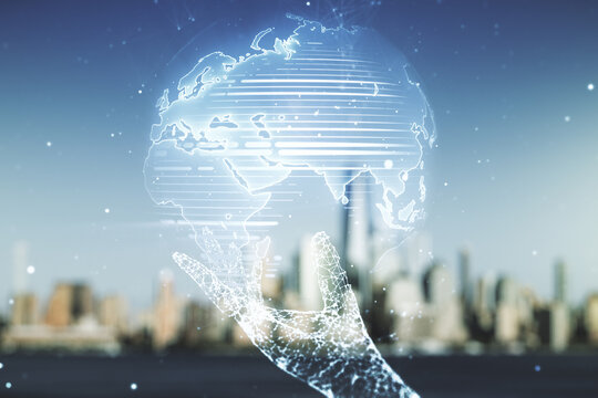 Double exposure of abstract digital world map on blurry cityscape background, research and strategy concept