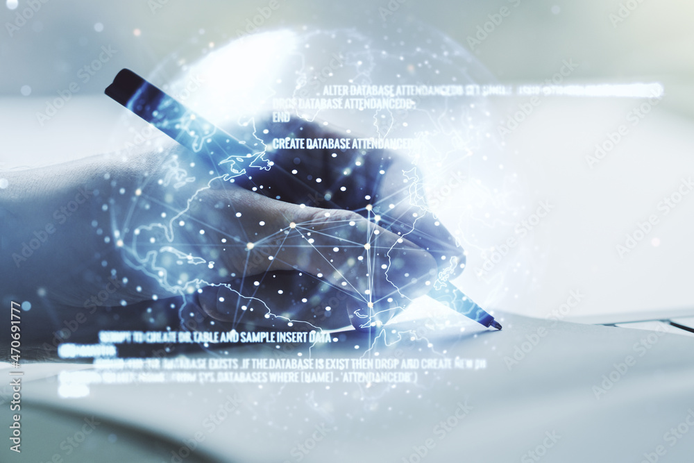 Poster double exposure of abstract creative programming illustration with world map and man hand writing in