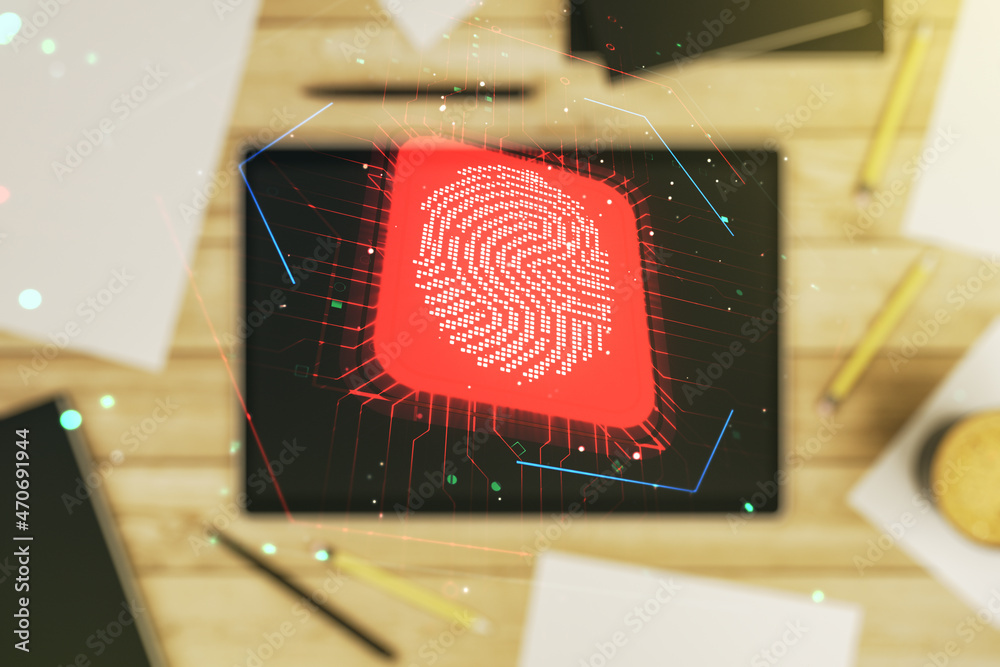 Poster Double exposure of abstract creative fingerprint hologram and digital tablet on background, top view, research and development concept