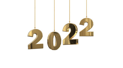 happy 2022 new year glossy golden numbers hanging on strings isolated on white - copy space - 3D illustration
