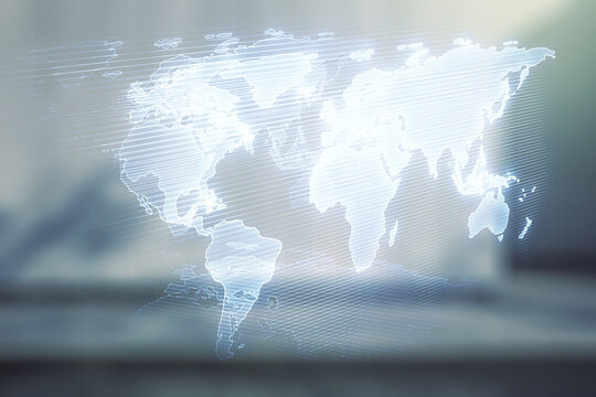 Multi exposure of abstract graphic world map hologram on contemporary business center exterior background, connection and communication concept